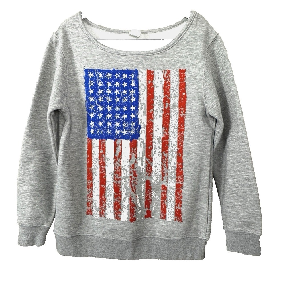 Womens Large American Flag Sweatshirt Boat Neck Patriotic Americana USA Memorial